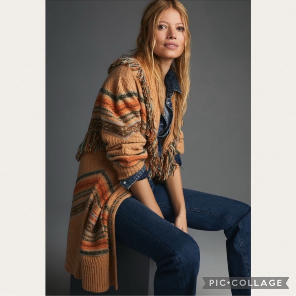 Anthropologie Fringed Cardigan Sweater in Neutral Pattern - Picture 3 of 11